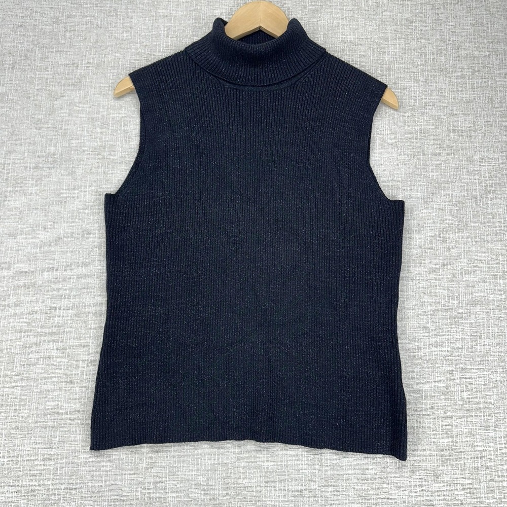 Worthington Sweater Vest Womens Large Black Glitter Turtleneck Sleeveless Knit